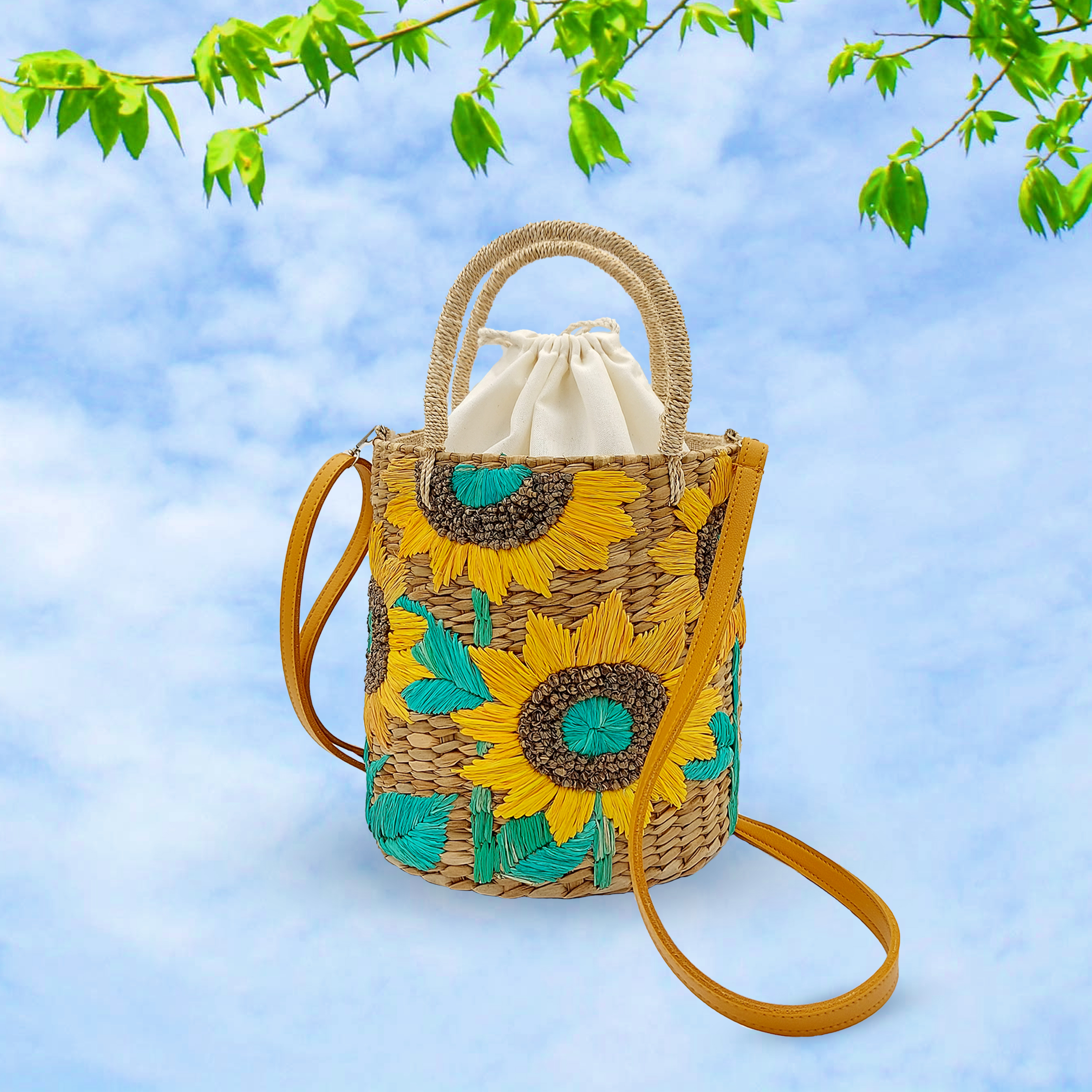 Sunflower Embroidery Seagrass Bucket Bag